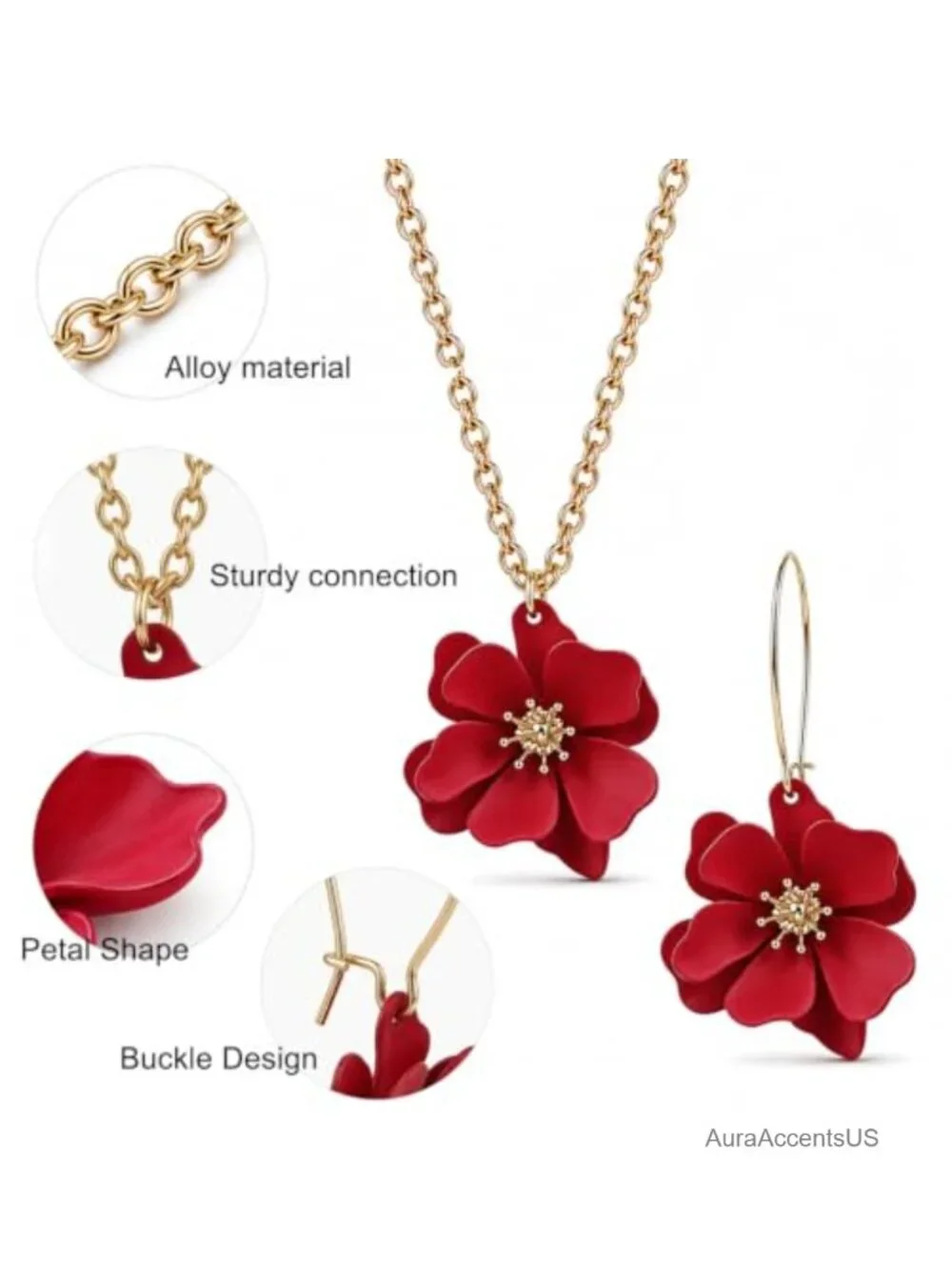 3D Boho Daisy Flower Jewelry Set Necklace and Dangle Earrings Matte Gold Tone